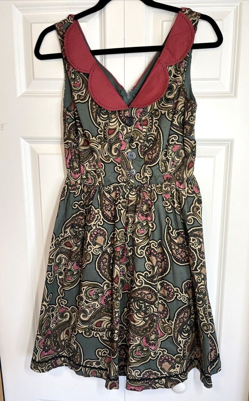 Aryeh Women Paisley Peter Collar Dress 100% Cotton Boho Festival Size Small Zip